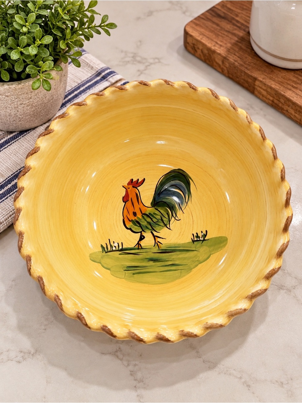 HOME Hand Painted Rooster Large Ceramic Serving Bowl 11” Scalloped Farmhouse